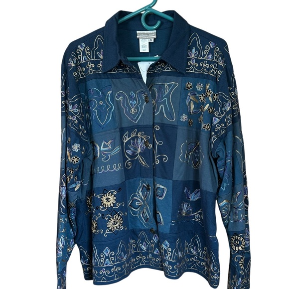 Cold water Creek New Embroidered Lightweight Jacket Shirt Blue 100%Cotton XL - Picture 2 of 7